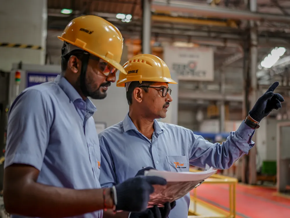 Engineers on the manufacturing floor at Triveni Power Transmission Limited